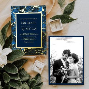 modern royal blue marble photo wedding gold foil invitation