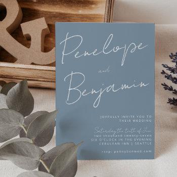 modern script handwriting dusty blue wedding invitation