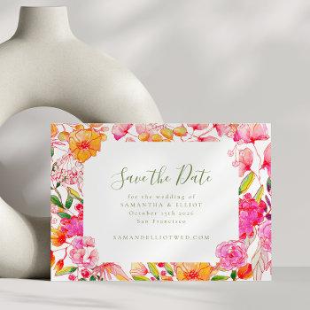 Small Modern Script Pink Orange Flowers Wedding Save The Date Front View