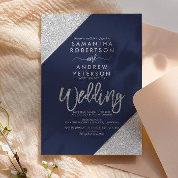 modern silver glitter typography navy blue wedding invitation