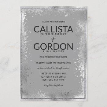 modern silver gray splatter glitter border wedding invitation