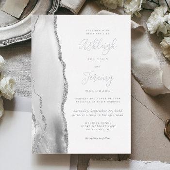 modern silver gray white agate wedding foil invitation