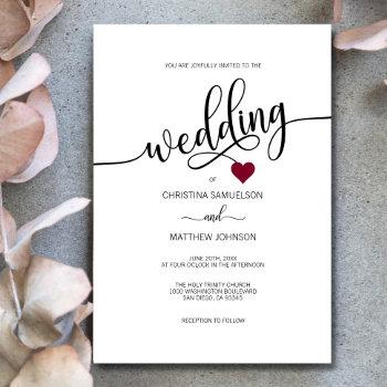 Small Modern Simple Black, White Burgundy Heart Wedding Front View