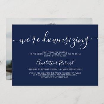 modern simple navy blue wedding downsizing photo announcement