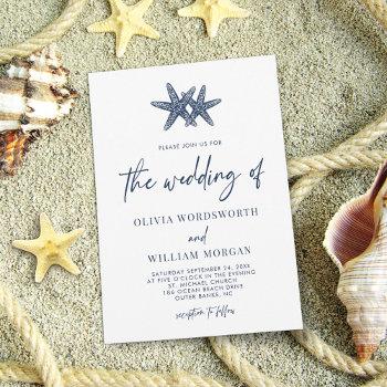 modern starfish beach nautical navy script wedding invitation