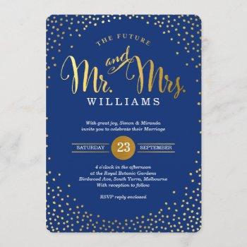 Small Modern Stylish Wedding Gold Confetti Navy Blue Front View