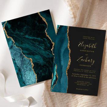 modern teal blue gold agate dark wedding foil invitation