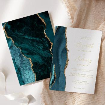 modern teal blue gold agate wedding foil invitation