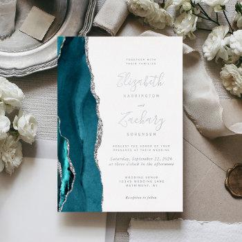 modern teal blue silver agate wedding foil invitation