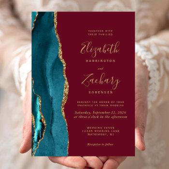 modern teal gold agate burgundy wedding invitation