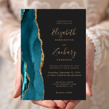 modern teal gold agate dark wedding invitation