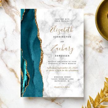 modern teal gold agate marble wedding invitation