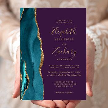 modern teal gold agate purple wedding invitation