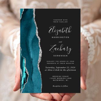 modern teal silver agate dark wedding invitation