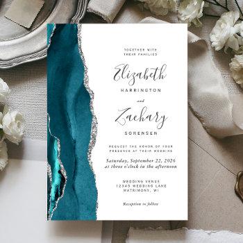 modern teal silver agate wedding invitation