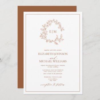 modern terracotta leafy crest monogram wedding invitation