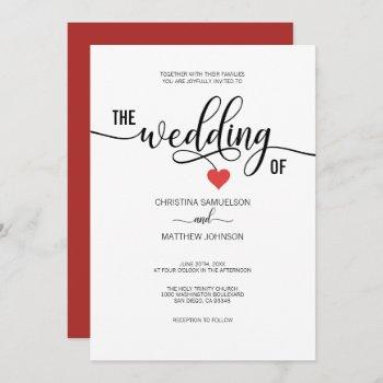 modern trendy black white & red heart wedding invitation