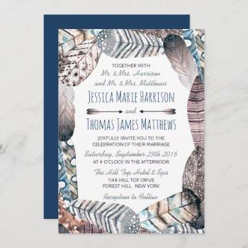 modern tribal feathers bohemian wedding invitation