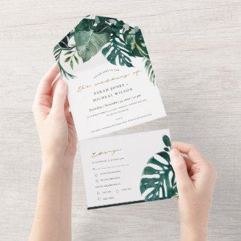 modern tropical monstera foliage green watercolor all in one invitation