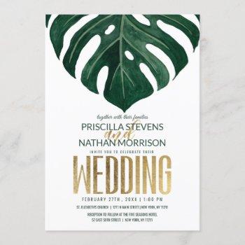 Small Modern Tropical Swiss Cheese Leaf Gold Wedding Front View