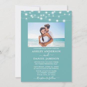 modern turquoise blue string lights photo wedding invitation