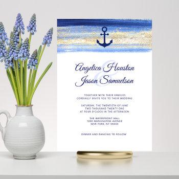 modern watercolor blue navy gold nautical wedding invitation
