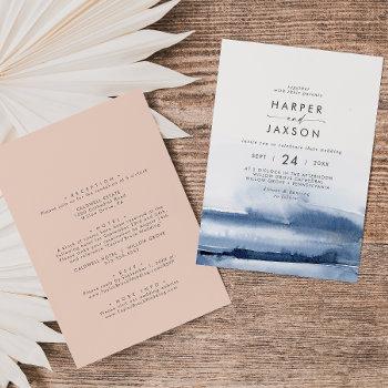 modern watercolor blue & peach front back wedding invitation