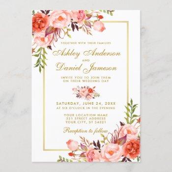 modern watercolor coral floral gold wedding w invitation