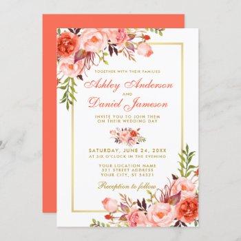 Small Modern Watercolor Coral Floral Wedding Gold Front View