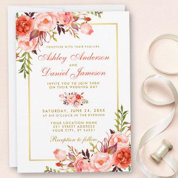 modern watercolor coral floral wedding gold w invitation