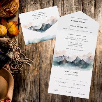 modern watercolor fall outdoor mountain wedding  all in one invitation