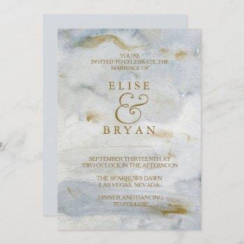 Small Modern Watercolor Gold Blue Marble Wedding Invite Front View