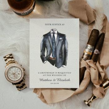 Small Modern Watercolor Suit Groomsman Proposal Request Front View