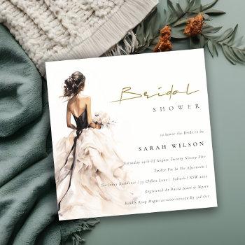 modern watercolor wedding gown bridal shower invitation