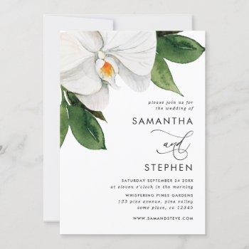 modern watercolor white orchid wedding invitation