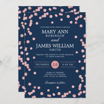 modern wedding rose gold glitter confetti navy  invitation