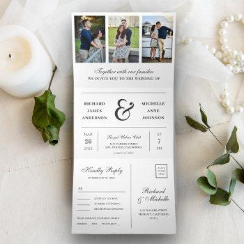 modern white minimal 3 in 1 photo collage wedding tri-fold invitation