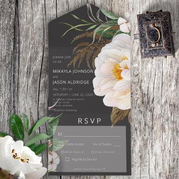 modern white peonies on black dinner all in one invitation