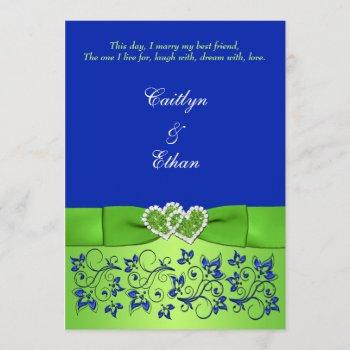 Small Monogram Blue, Green Floral, Hearts Wedding Invite Front View