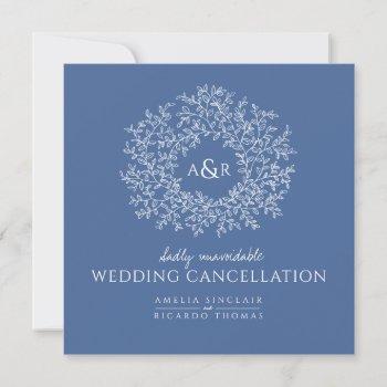 Small Monogram Blue Leaves Wedding Cancellation Announcement Front View