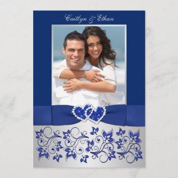 Small Monogram Blue, Silver Floral Photo Wedding Invite Front View