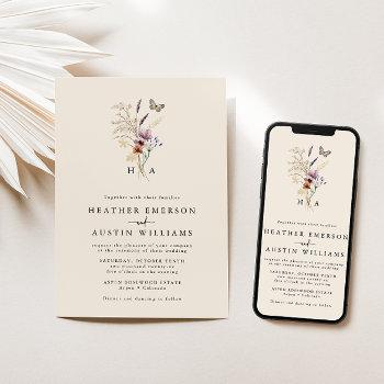 monogram boho floral wedding invitation
