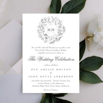 monogram classic botanical florals wedding invitation