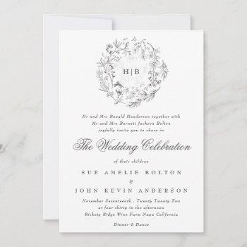 monogram classic botanical florals wedding invitation