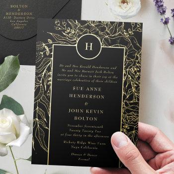 Small Monogram Editable Black Tuxedo Gold Wreath Wedding Foil Front View