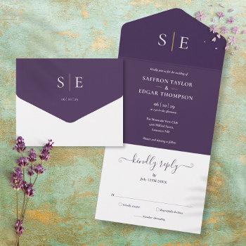 monogram elegant purple and gold wedding all in one invitation