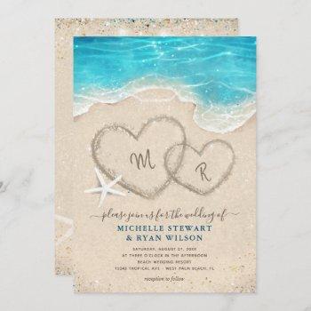 monogram hearts in the sand beach wedding invitation