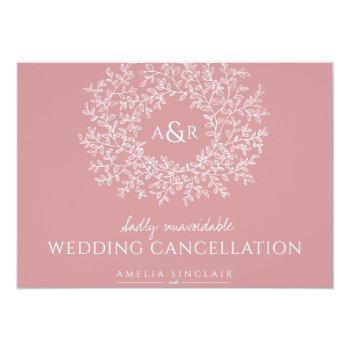 Small Monogram Muted Pink Leaves Wedding Cancellation Announcement Front View