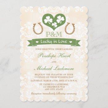 monogrammed lucky in love shamrock wedding invitation