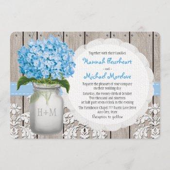 monogrammed mason jar blue hydrangea wedding invitation
